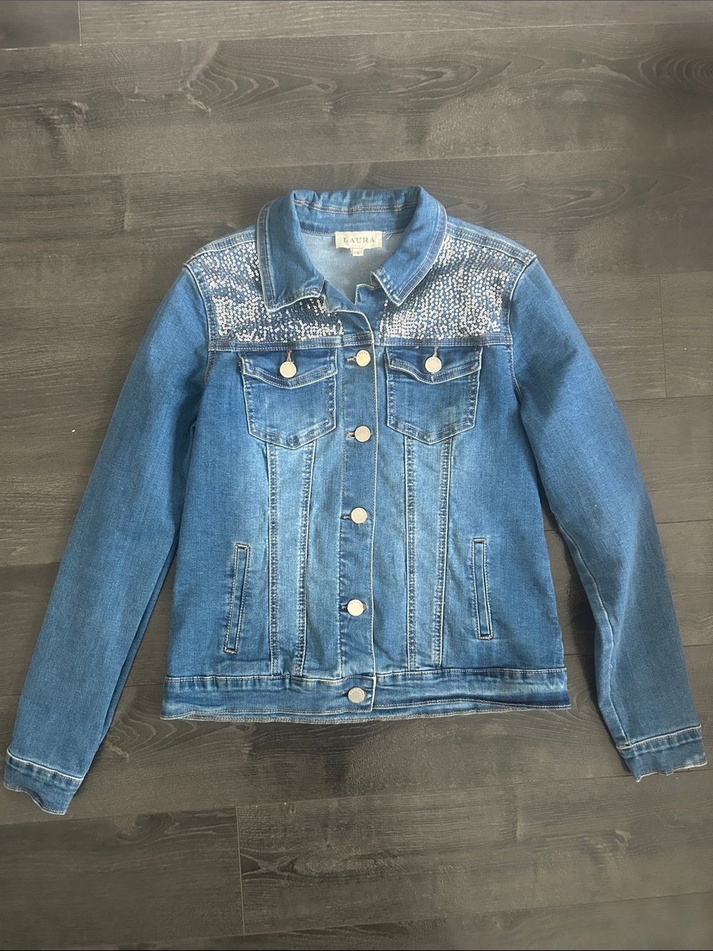 LAURA Silver Sequin Denim Jacket  Sparkle Medium Wash Jean Coat / Size 4